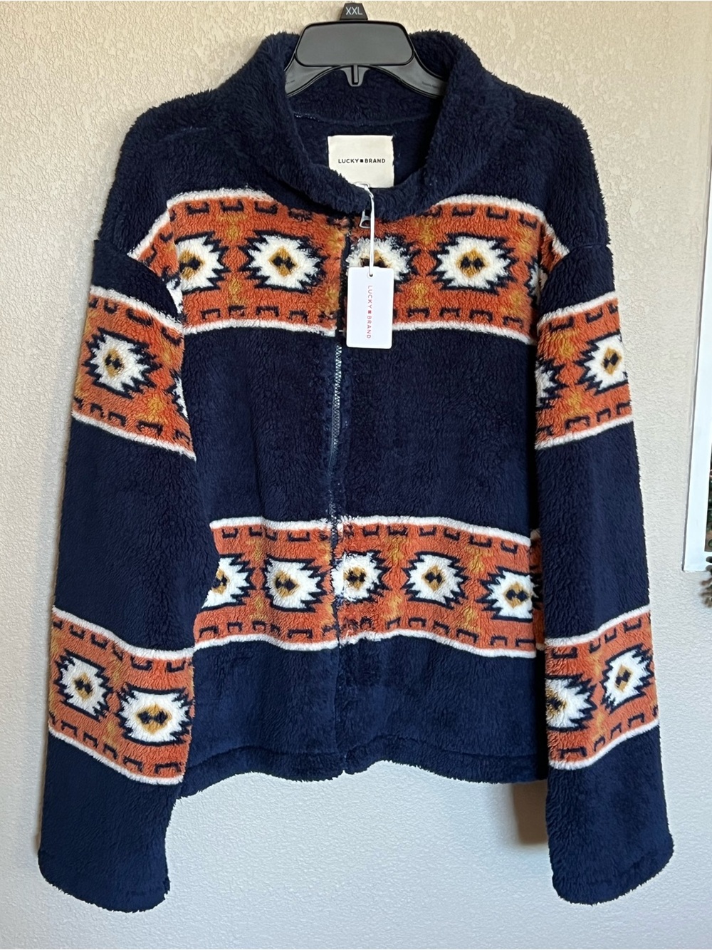 Lucky Brand Women's Navy Sherpa Jacket with Orange Aztec Stripe